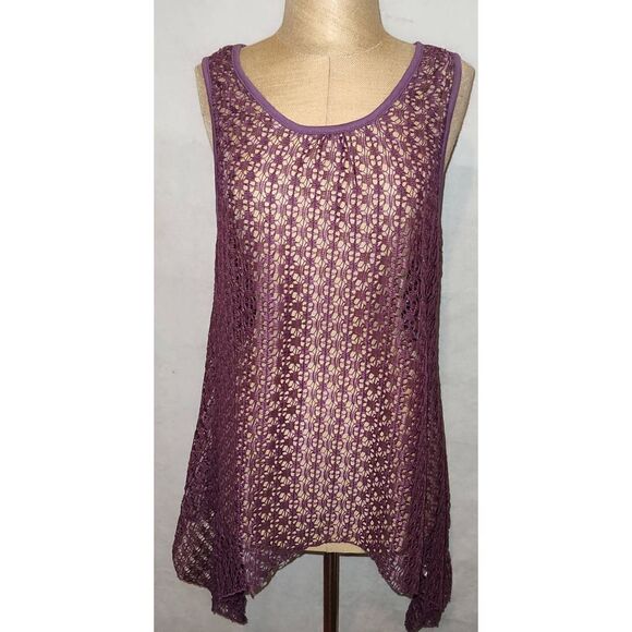 ARIA HAND MADE Purple lace sleeveless tunic shirt. Coverup. Shark bite hem. NWT. - Picture 1 of 6